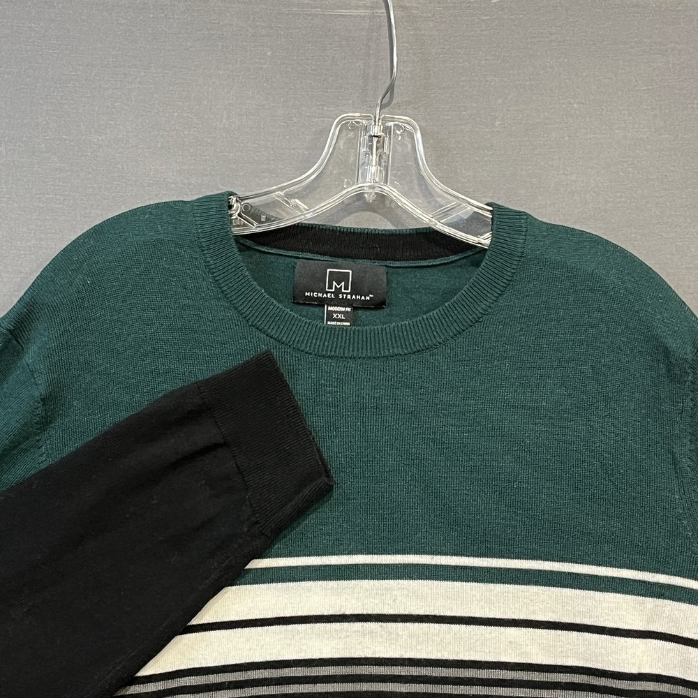 Michael‎ Strahan Sweater Mens 2XL Black Green Striped Wool Blend Modern Fit